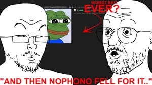 pepe, two soyjaks conversing, unknown, 2soyjaks, amphibian, animal, bald, eyebrows, forehead lines, frog