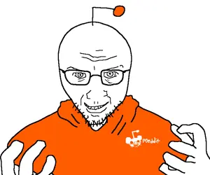 cuckmaster, 1soyjak, antenna, bald, glasses, hands, hoodie, looking at you, no nose, orange shirt
