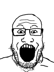 markiplier soyjak, grinplier, 1soyjak, bald, black eyes, front view, glasses, open eyes, open mouth, raised eyebrows