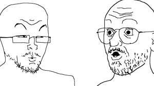 two soyjaks conversing, 2soyjaks, bald, closed mouth, glasses, half closed eyes, half open mouth, looking to the left, looking to the right, mustache