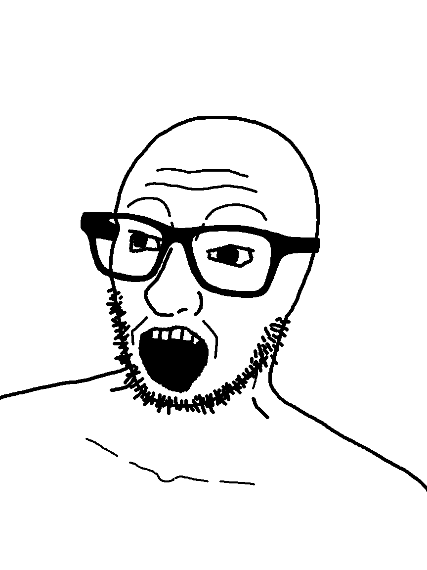 higgersjak, 1soyjak, bald, eyebrows, forehead lines, glasses, looking to the left, open mouth, portrait, soyjak
