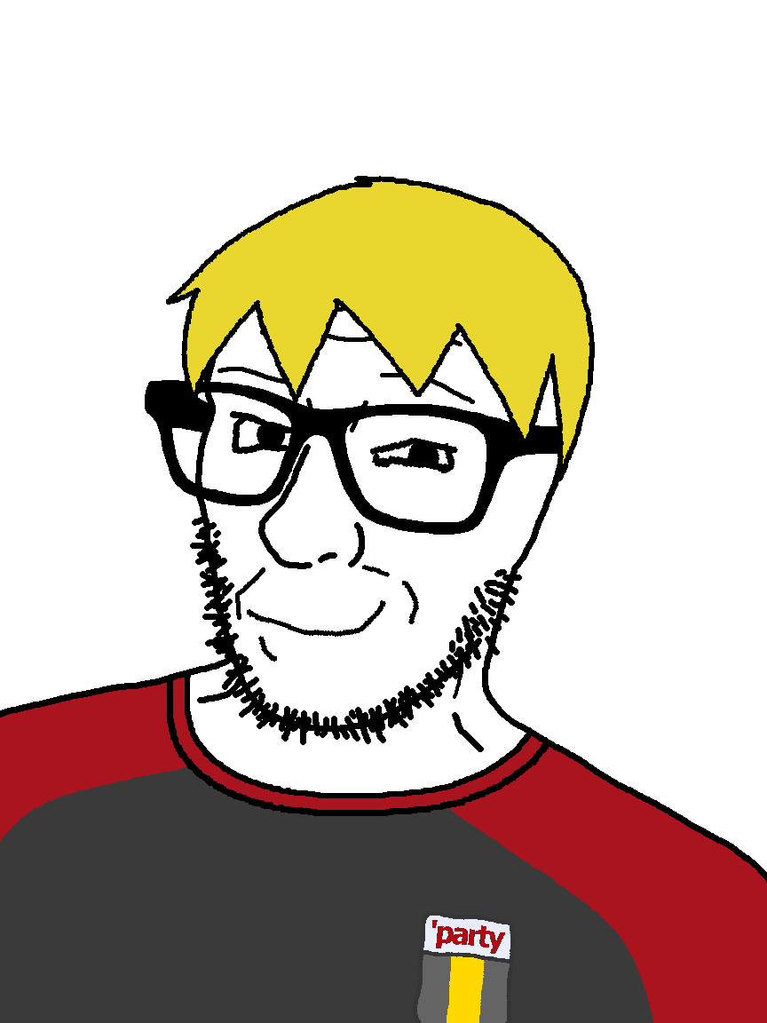 nate higgers, higgersjak, natejak, 1 year on bald men with glasses website, 1soyjak, badge, blonde hair, bowl cut, closed mouth, clothes