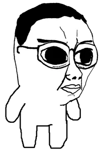 chudjak, bug eyed chudjak, lil chuddy, 1soyjak, big eyes, black hair, distorted, full body, glasses, hair