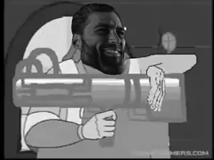 gigachad, 1nas, animated, beard, blaster, dinner, dinner blaster, drawn background, gray skin, grin