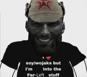 gigachad, black eyes, black hair, clothes, communism, glasses, gray skin, hair, half body, half open mouth