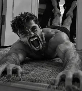gigachad, gigayell, beard, black eyes, buff, carpet, door, ear, front view, gray skin