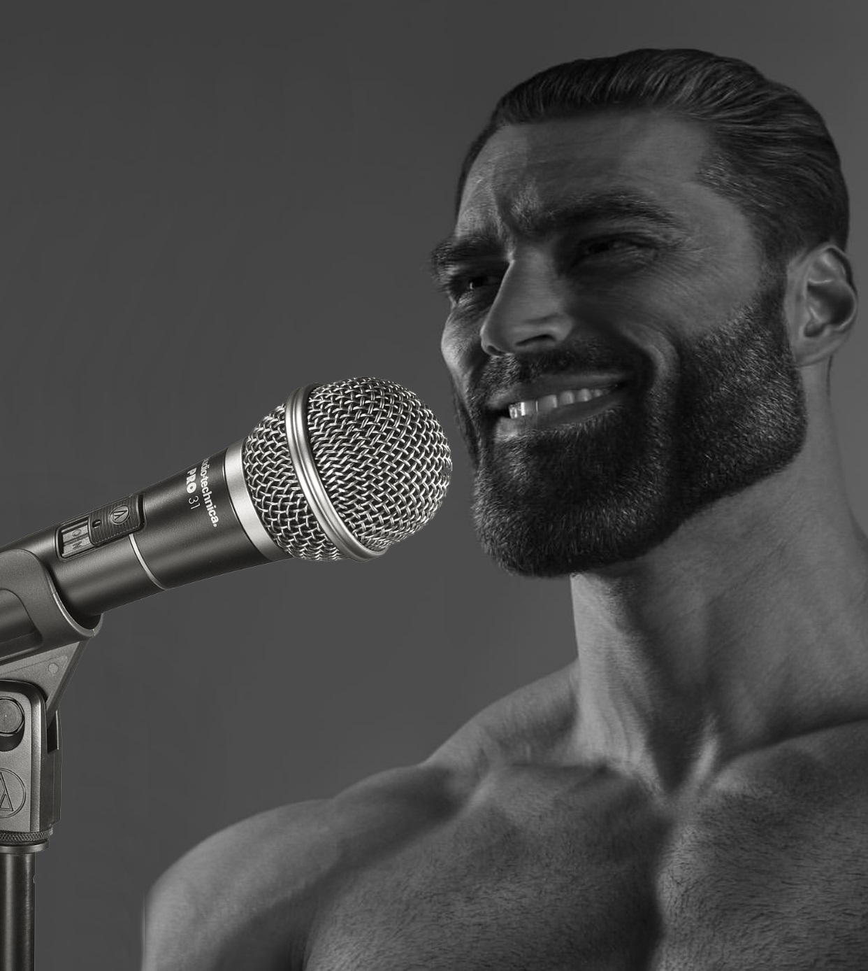 gigachad, beard, black hair, buff, ernest khalimov, gray background, gray skin, hair, half open mouth, looking to the left