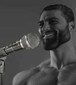 gigachad, beard, black hair, buff, ernest khalimov, gray background, gray skin, hair, half open mouth, looking to the left