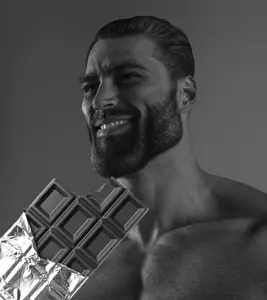 gigachad, 1nas, beard, black hair, buff, candy, chocolate, food, gray background, gray skin