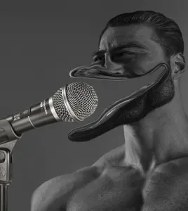gigachad, 1nas, beard, black eyes, buff, deformed, front view, gaping mouth, gray skin, grayscale