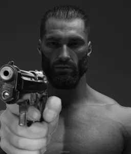 gigachad, 1nas, aiming, animated, beard, beretta, black hair, buff, closed mouth, firearm