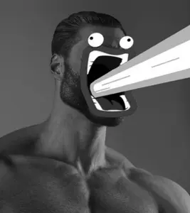 gigachad, 1nas, beard, black hair, buff, gaping mouth, gray background, gray skin, hair, laser