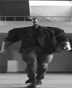 gigachad, 1nas, beard, black hair, buff, closed mouth, clothes, front view, full body, gray skin