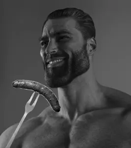 gigachad, 1nas, beard, black hair, buff, food, gray background, gray skin, hair, half open mouth