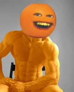 gigachad, oranjak, 1nas, 1soyjak, bald, buff, food, fruit, gray background, half body