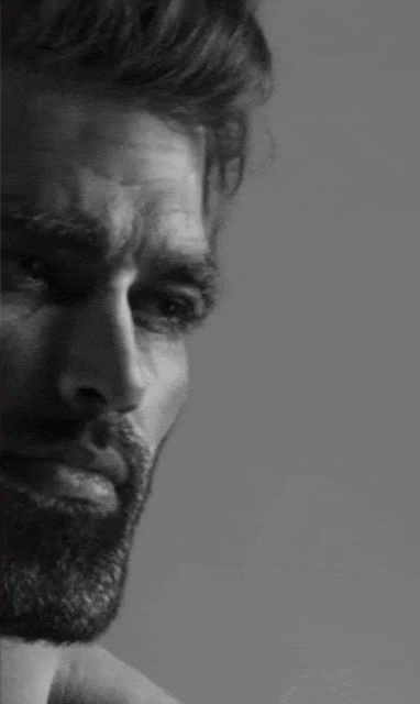 gigachad, 4nas, beard, black hair, buff, closed mouth, clothes, edit, ernest khalimov, gray background