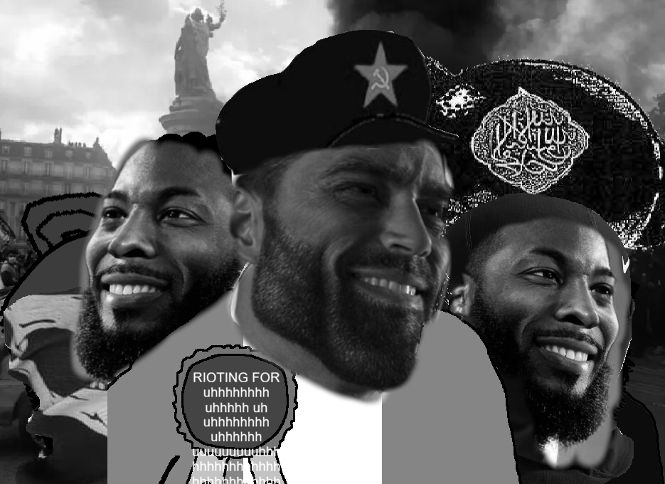 gigachad, award, black eyes, black hair, black skin, bomb, brown eyes, brown skin, communism, france