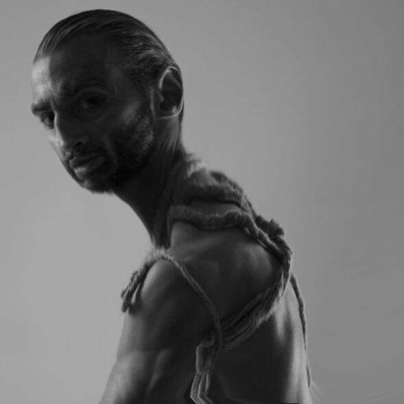 gigachad, 1nas, beard, black hair, closed mouth, edited, gray background, gray skin, hair, looking at you