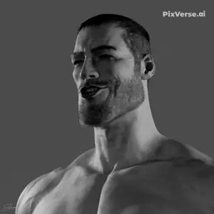 gigachad, 1nas, beard, black eyes, buff, ear, explosion, fire, gray skin, hair