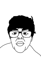 trevorjak, 1soyjak, black eyes, black hair, bushy eyebrows, closed mouth, ear, eyebrows, front view, glasses