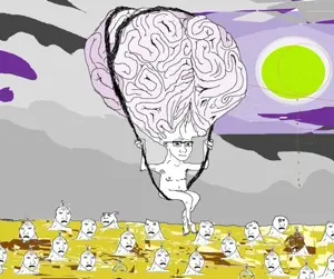 wojak, bald, big brain, black eyes, brain, brainlet, closed mouth, cloud, clouds, cloudy