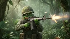 pepe, pepelaugh, animated, brown eyes, camouflage, clothes, do nusois really, explosion, full body, green skin