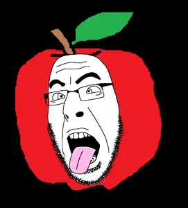 cobson, 1soyjak, ahegao, apple, bald, black eyes, food, fruit, glasses, leaf