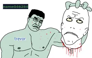 psycho wojak, wojak, chudjak, kratos chudjak, trevor beheading namefags, 2soyjaks, bald, beheaded, black hair, blood