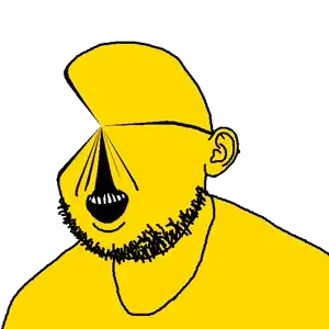 rotjak, 1soyjak, bald, funko pop, glasses, liquify tool, looking to the left, no eyes, open mouth, pacman