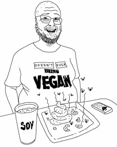 vegan, 1soyjak, animal, arm, bald, black eyes, bug, clothes, cup, drink