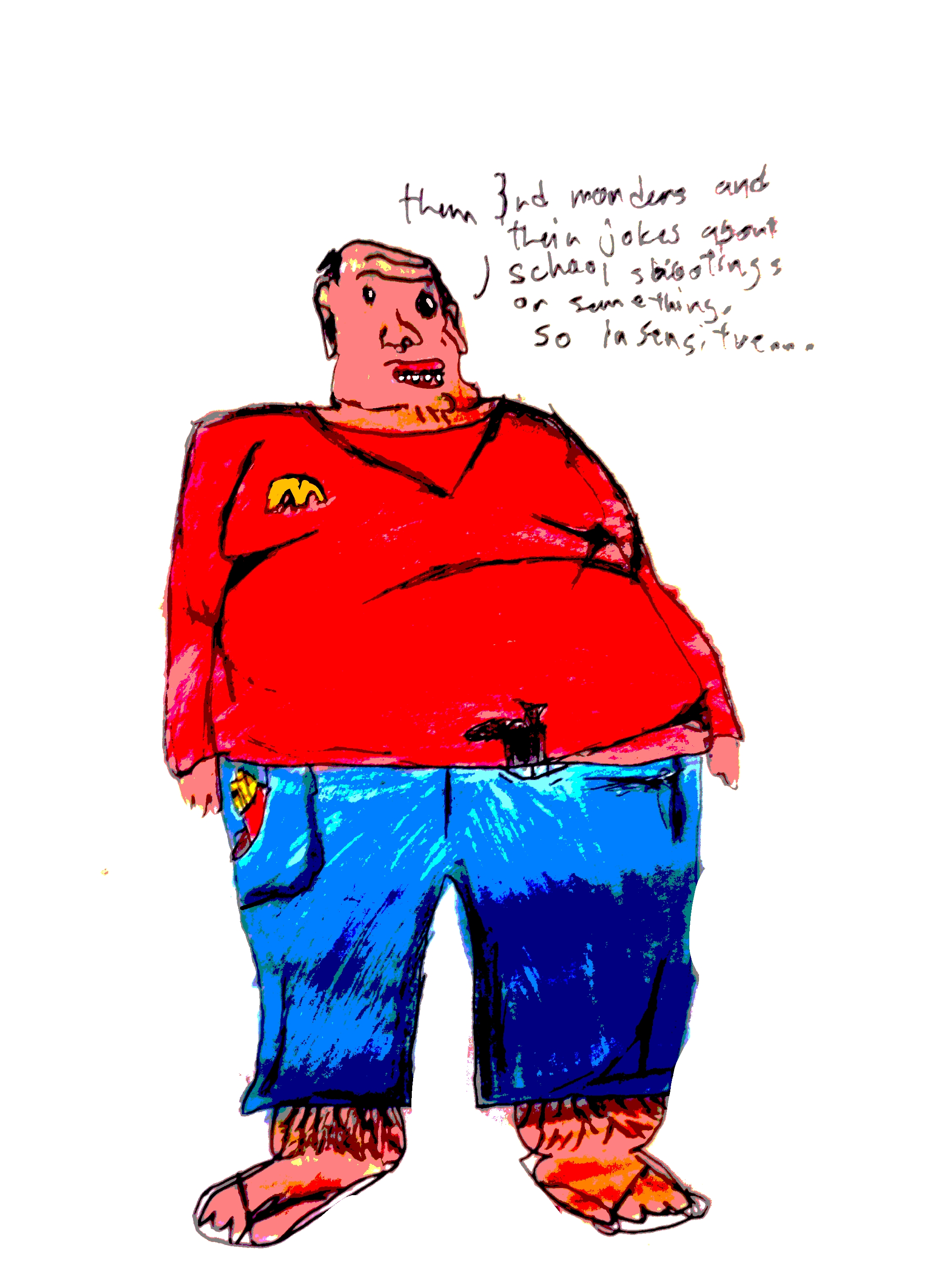 amerimutt, bald, black eyes, brown skin, closed mouth, fat, full body, la creatura, looking to the right, mcdonalds