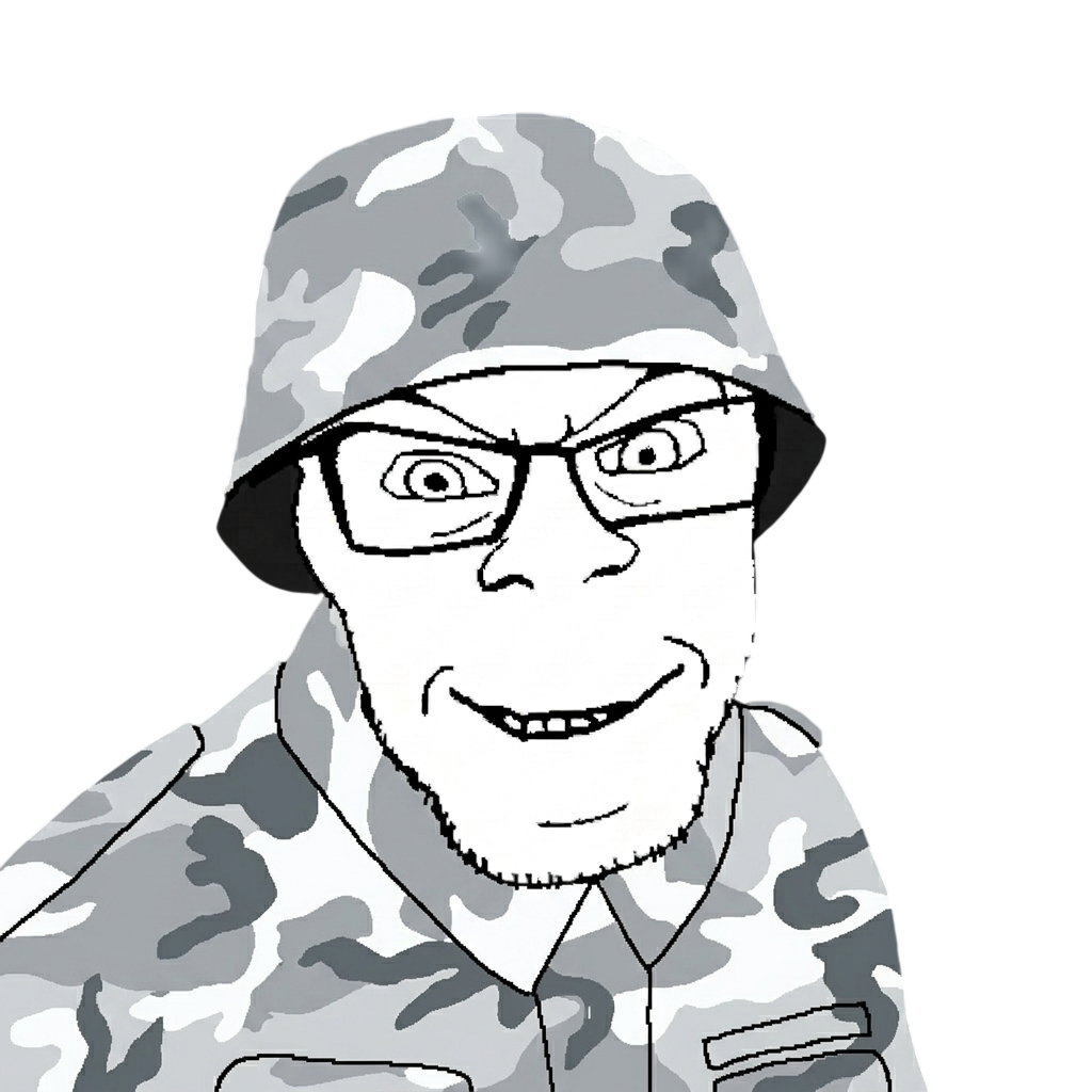 feraljak, 1soyjak, camouflage, clothes, collared shirt, combat helmet, glasses, grin, hat, helmet