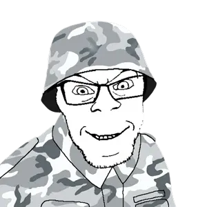 feraljak, 1soyjak, camouflage, clothes, collared shirt, combat helmet, glasses, grin, hat, helmet