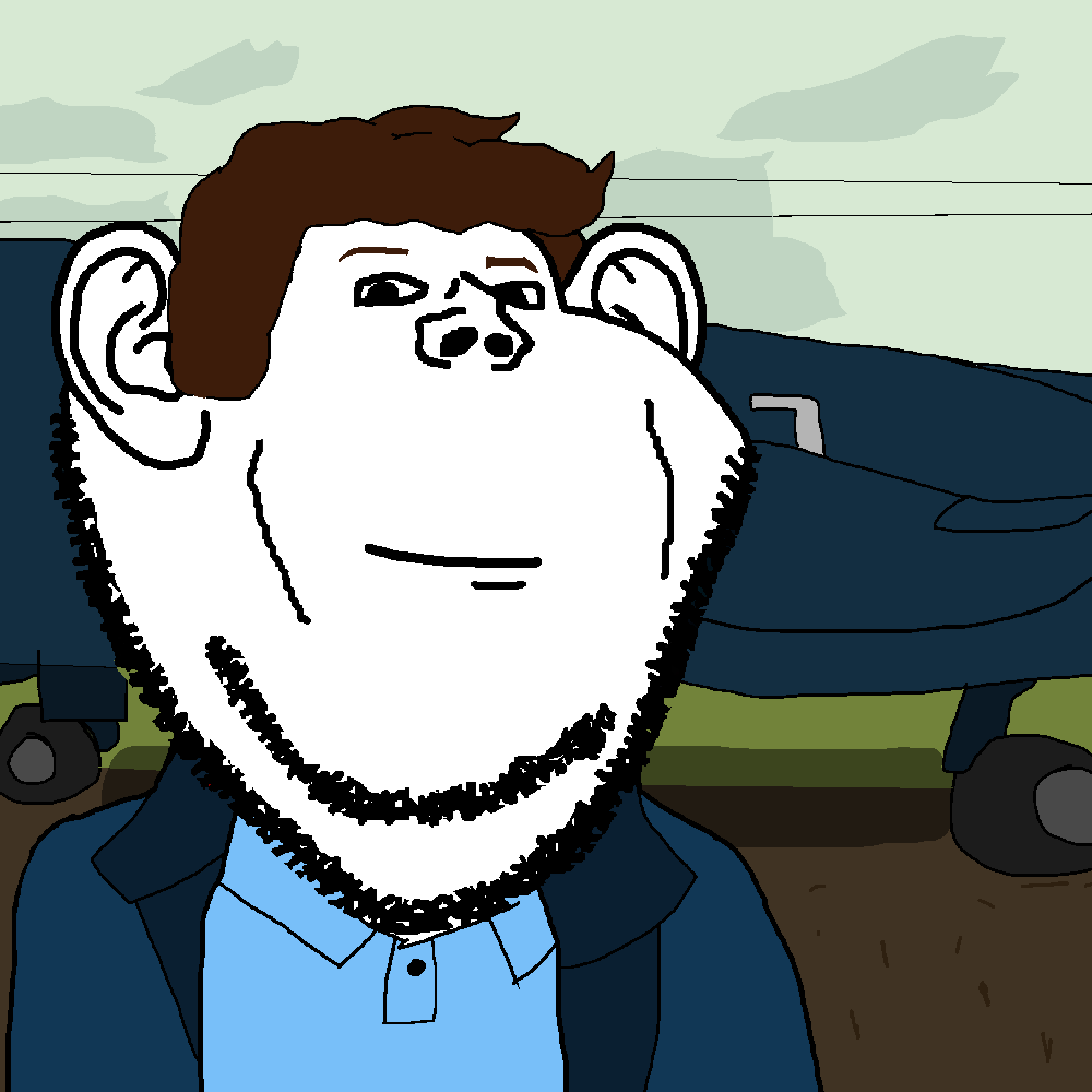bane, impish soyak ears, 1soyjak, baneposting, brown eyebrows, brown hair, chin, closed eyes, closed mouth, clothes