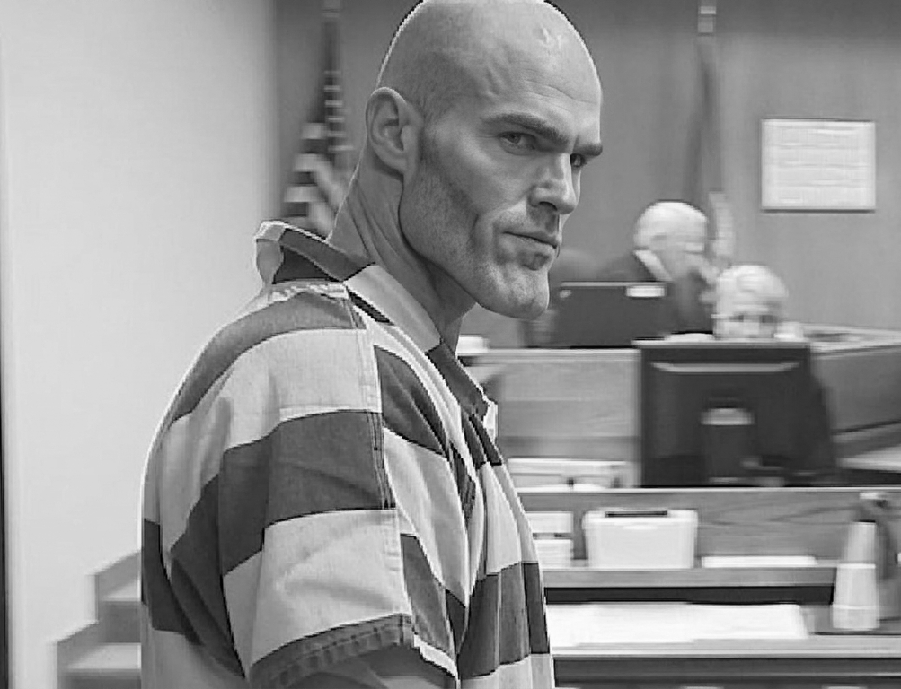 gigachad, anti pedophilia, bald, black eyes, buff, closed mouth, courtroom, gray, gray skin, half body