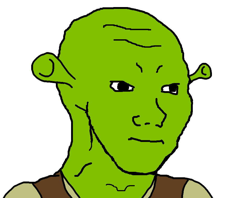 shrek, wojak, bald, black eyes, closed mouth, green skin, nasified, neutral, no beard, no glasses