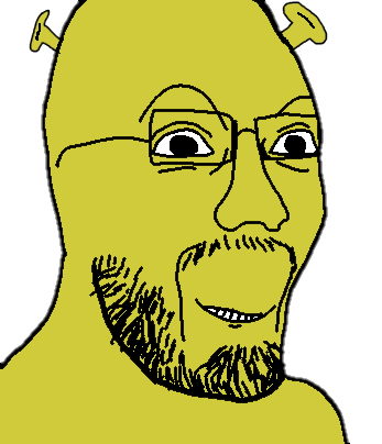 shrek, farshadjak, 1soyjak, black eyes, farshad silent (iranian youtuber), green skin, half open mouth, ogre, ogre ears, open eyes