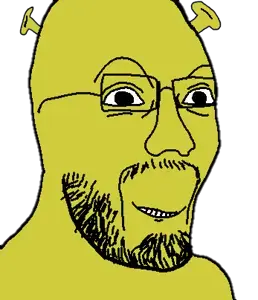 shrek, farshadjak, 1soyjak, black eyes, farshad silent (iranian youtuber), green skin, half open mouth, ogre, ogre ears, open eyes