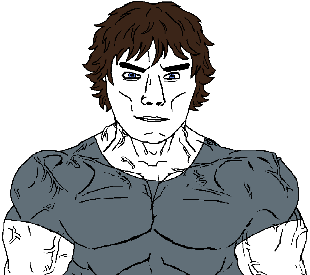 chudjak, chudjak front, muscular chud, 1soyjak, blue eyes, brown hair, buff, earl sweatshirt, front view, hair