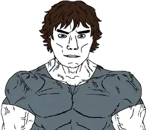 chudjak, chudjak front, muscular chud, 1soyjak, blue eyes, brown hair, buff, earl sweatshirt, front view, hair