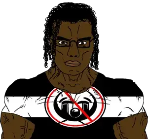 chudjak, chudjak front, muscular chud, 1soyjak, afro, anti lolicon, black eyes, black hair, black person, black skin