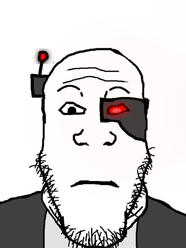 markiplier soyjak, neutralplier, 1soyjak, antenna, bald, closed mouth, cyborg, dark, front view, fursuit
