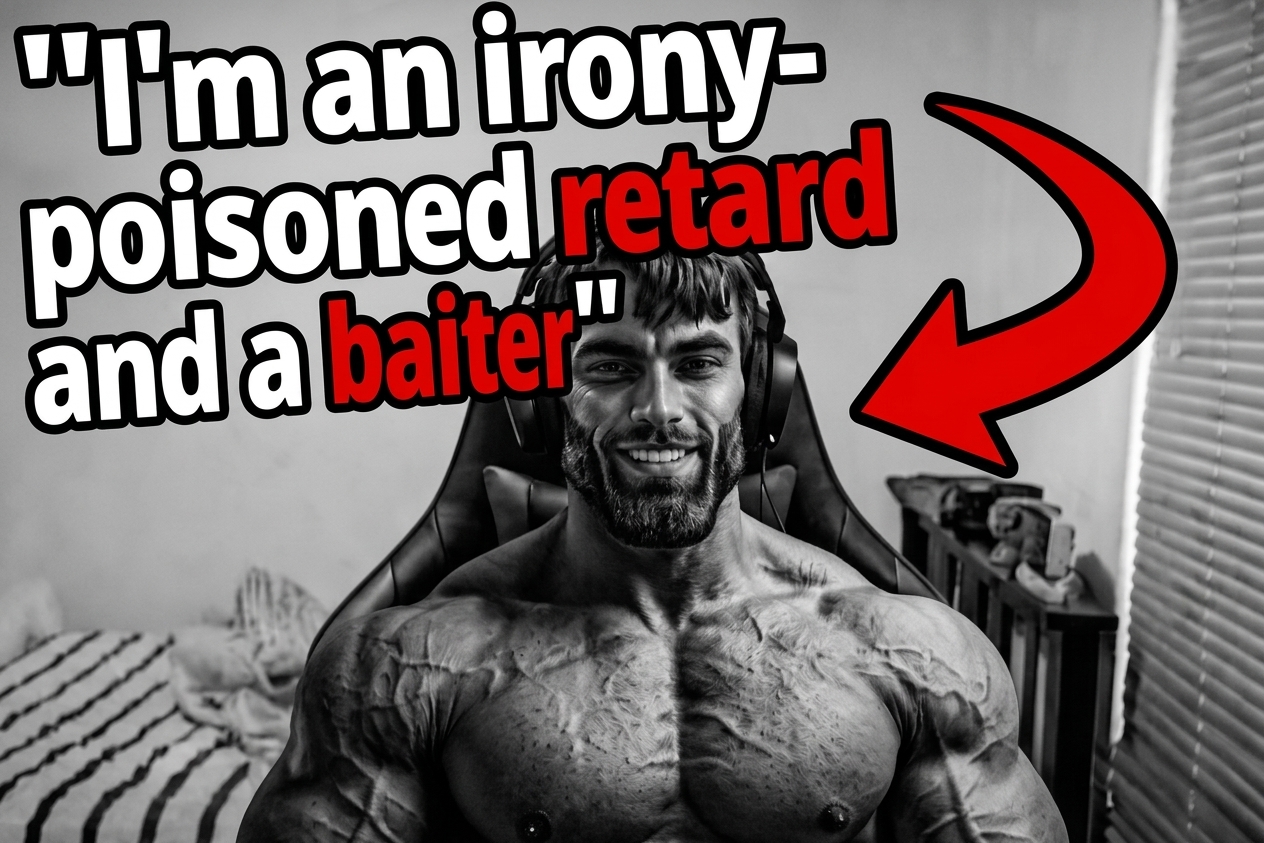 gigachad, deserved it, baiter, beard, black hair, buff, foodistzen, front view, gray background, gray eyes
