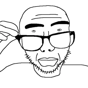 sobot, 1soyjak, bald, big lips, closed mouth, forehead wrinkles, front view, glasses, hand, hands