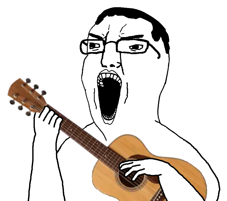 chudjak, yellcel, 1soyjak, angry, arm, big lips, black hair, bushy eyebrows, guitar, hair
