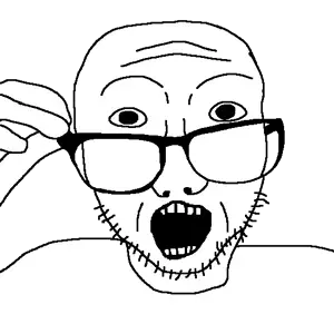 sobot, 1soyjak, bald, black eyes, forehead wrinkles, front view, glasses, hand, hands, holding glasses