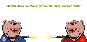 impish soyak ears, impish amerimutt, amerimutt, 2soyjaks, angry, animated, ar-15, assault rifle, bald, blue shirt