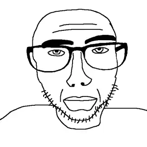 sobot, 1soyjak, bald, big lips, closed mouth, forehead wrinkles, front view, glasses, glasses up, lips