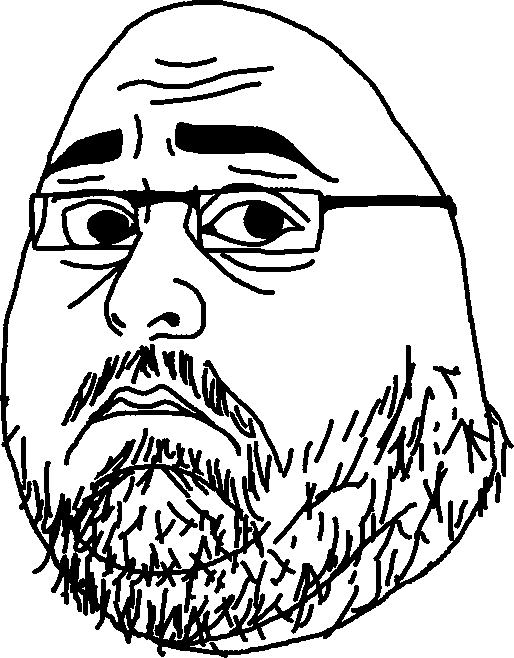 obese chudnugget, 1soyjak, bald, beard, chin, closed mouth, eyebrows, fat, forehead lines, glasses