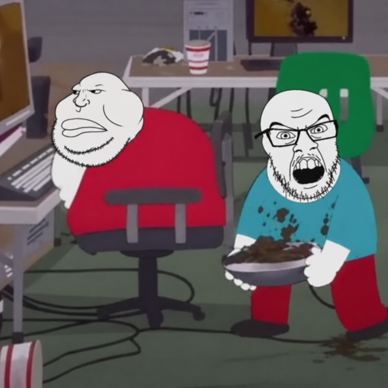 feraljak, 2soyjaks, animated, bald, black eyes, chair, closed mouth, computer, drawn background, fat